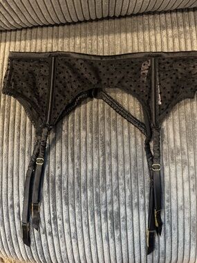 Victoria's Secret Black Polka Dot Mesh Garter Belt with Gold Hardware